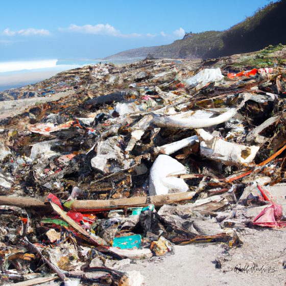 Paisagem costeira coberta de destroços e lixo, com o mar ao fundo