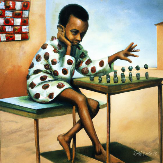 Pintura de um rapaz sentado numa mesa, a alinhar pequenas figuras de pedra, em cenário desértico