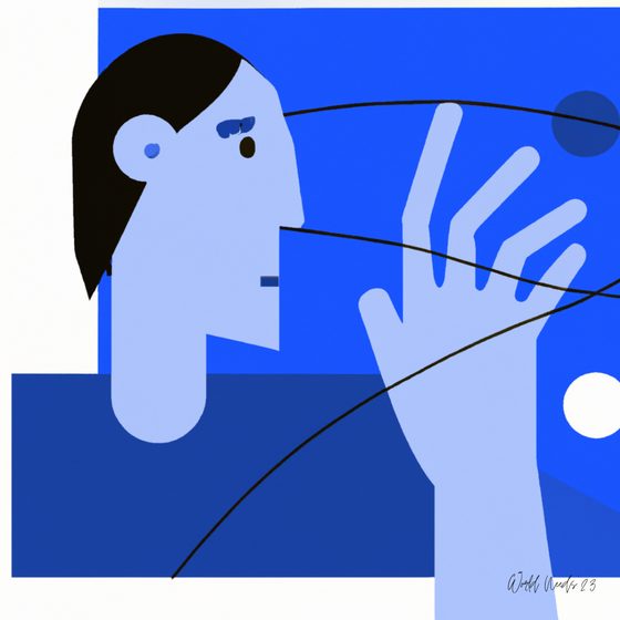 Ilustração geométrica de um rosto em perfil com uma mão erguida, atravessada por linhas finas