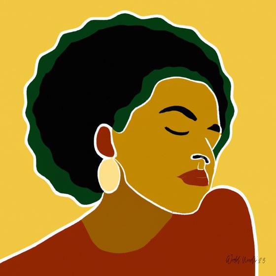 Ilustração de um perfil feminino sereno, com um grande volume de cabelo natural