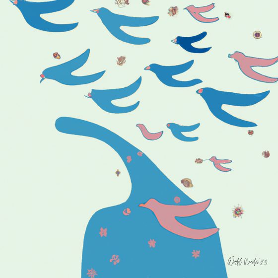 Ilustração de um bando de pássaros azuis e rosados a erguer-se de uma silhueta de ombros