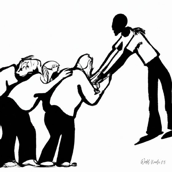 Ilustração a preto e branco de uma fila de pessoas a apoiarem-se umas às outras
