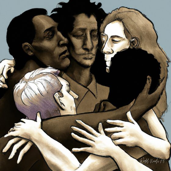 Ilustração em tons sépia de quatro pessoas abraçadas