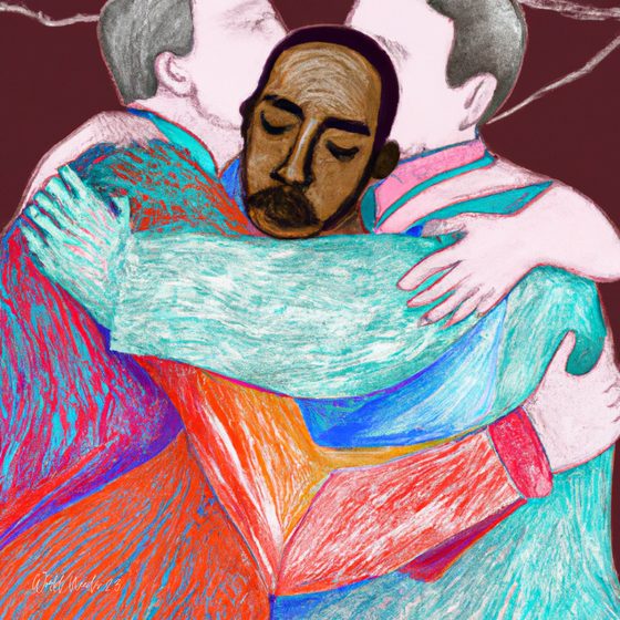 Ilustração colorida de três pessoas abraçadas, em traços de lápis de cor