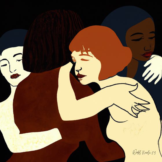 Ilustração de quatro mulheres abraçadas, sobre um fundo escuro