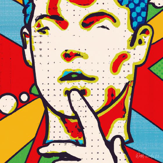 Retrato em pop art de um rosto pensativo, com o dedo no queixo