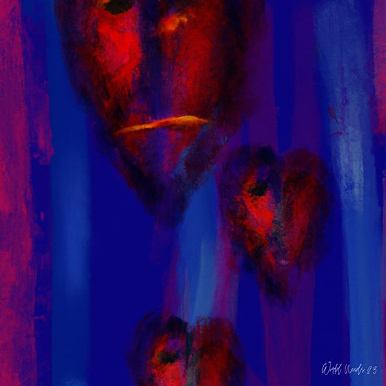 Pintura abstrata de formas vermelhas semelhantes a corações, sobre fundo azul escuro