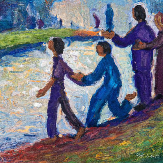 Pintura impressionista de um grupo de figuras a ajudarem-se junto a um lago