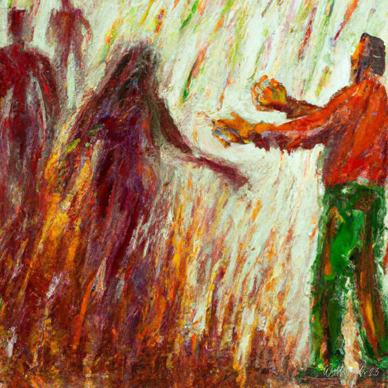 Pintura expressionista de uma figura a estender as mãos a outras duas figuras