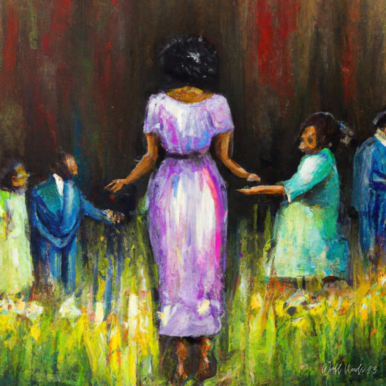 Pintura de uma mulher de costas num campo florido, rodeada de figuras a trocar objetos