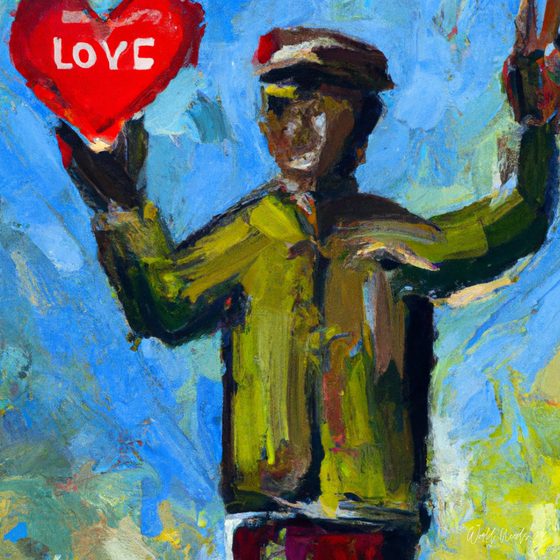 Pintura de um homem de braços erguidos, a segurar um coração vermelho com a palavra love
