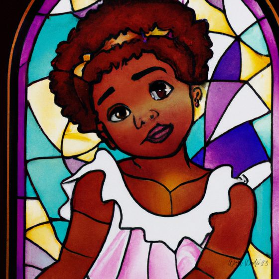 Ilustração em estilo vitral do rosto de uma menina, em tons de turquesa, roxo e dourado