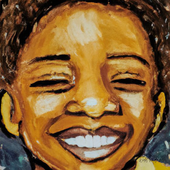 Retrato de perto de uma criança a rir, em tons dourados