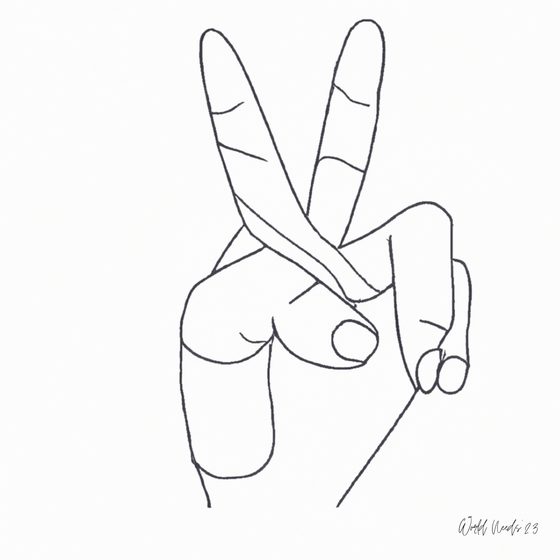 Desenho de linha simples de uma mão a fazer o sinal de paz