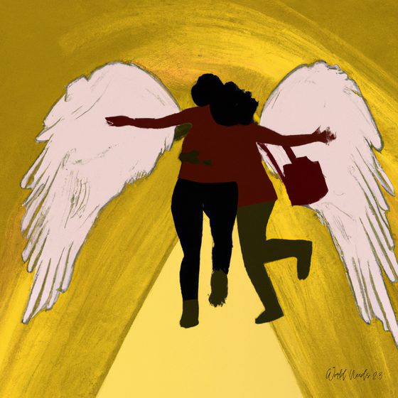 Ilustração de duas figuras abraçadas e a dançar, com um par de asas brancas atrás
