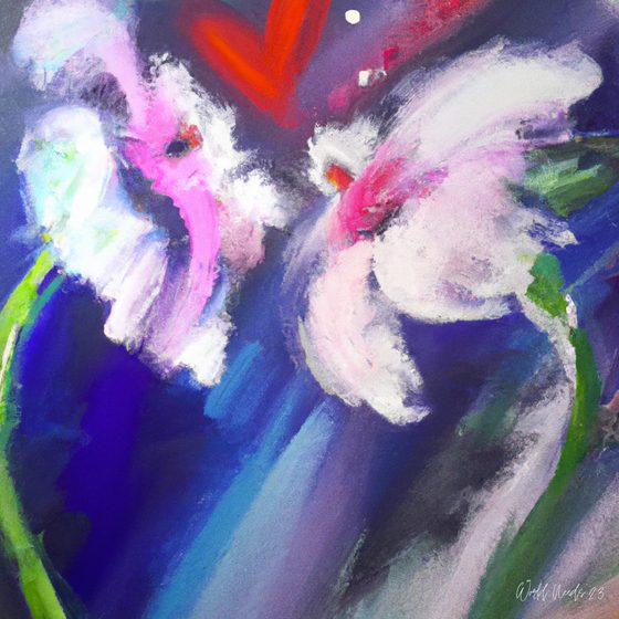 Pintura abstrata de duas flores brancas e rosadas inclinadas uma para a outra, com um coração vermelho