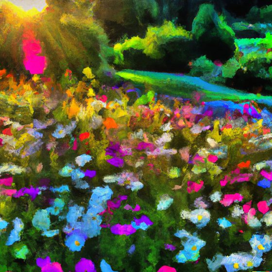 Pintura impressionista de um jardim florido em contraluz, com o sol a rasgar as árvores