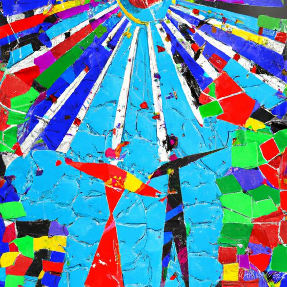 Colagem abstrata e colorida de duas figuras de braços erguidos contra uma explosão de luz azul