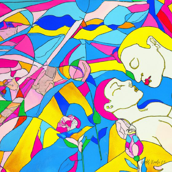 Ilustração em estilo vitral de dois rostos a aproximarem-se, fragmentados em cores vivas