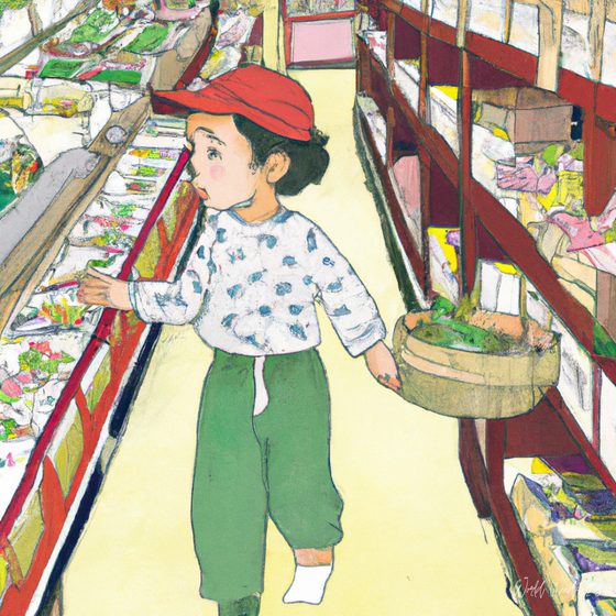 Ilustração de uma menina com boné vermelho, sozinha numa mercearia antiga, com um cesto ao braço