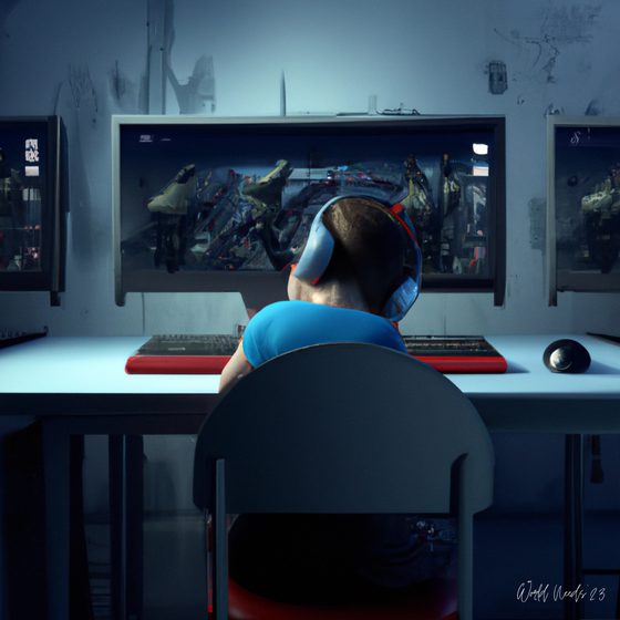 Ilustração futurista de uma criança de costas, com auscultadores, diante de ecrãs com cidades em miniatura